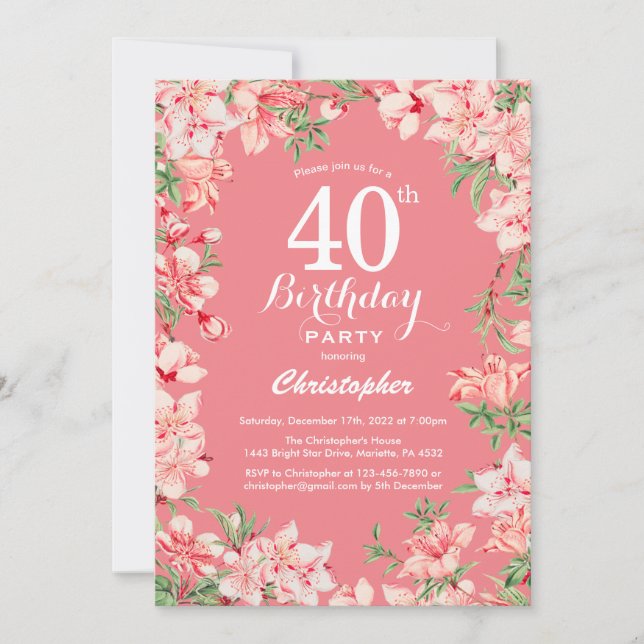 Invitación 40.º Cumpleaños Flores Botánicas de Boho Rosa (Anverso)