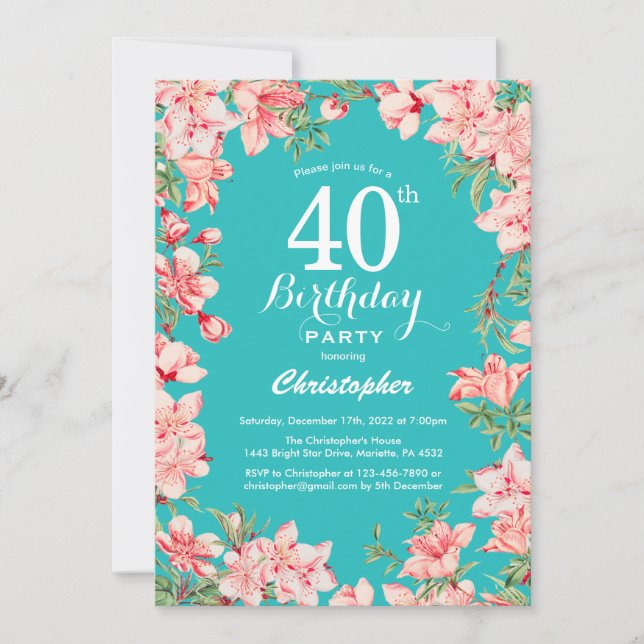 Invitación 40.º cumpleaños Flores de flores rosadas fondo Ver (Anverso)