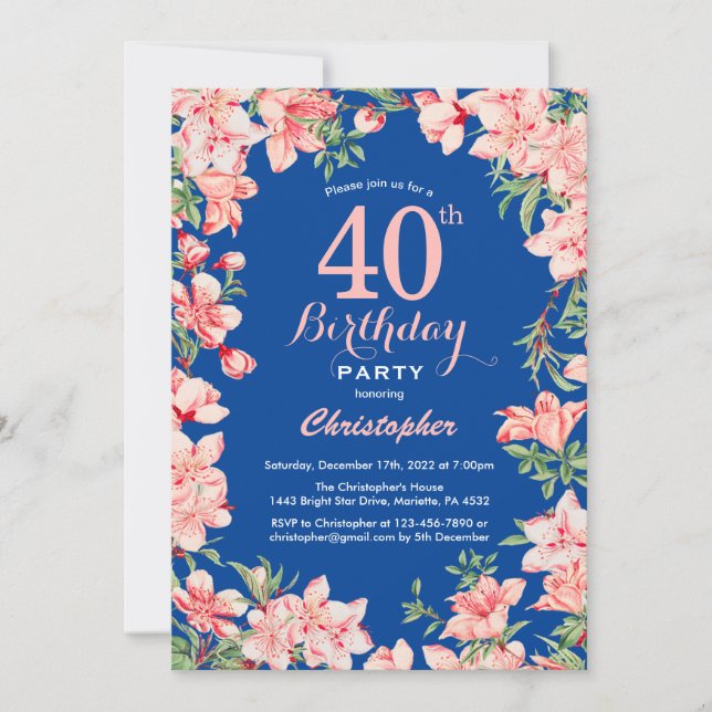 Invitación 40.º cumpleaños Flores Florales Rosa Azul (Anverso)