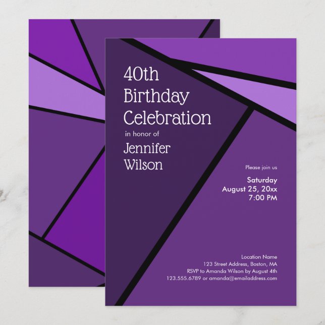Invitación 40.º cumpleaños Formas geométricas púrpura moderna (Anverso / Reverso)