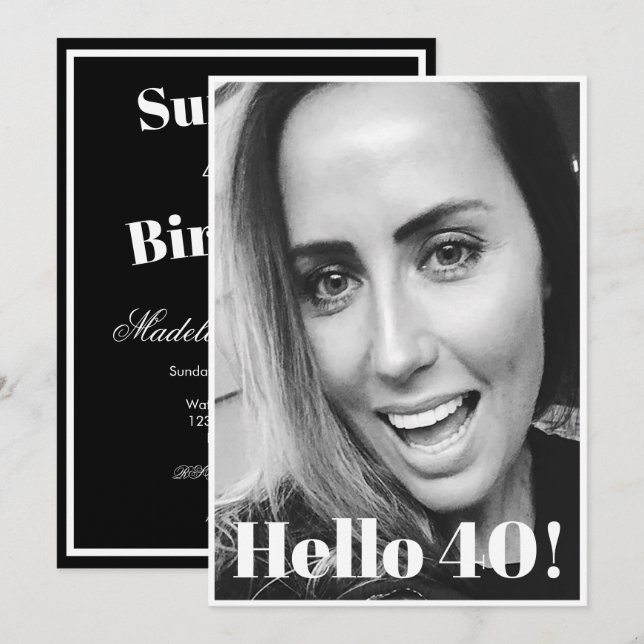 Invitación 40.º cumpleaños foto blanca negra elegante moderna (Anverso / Reverso)