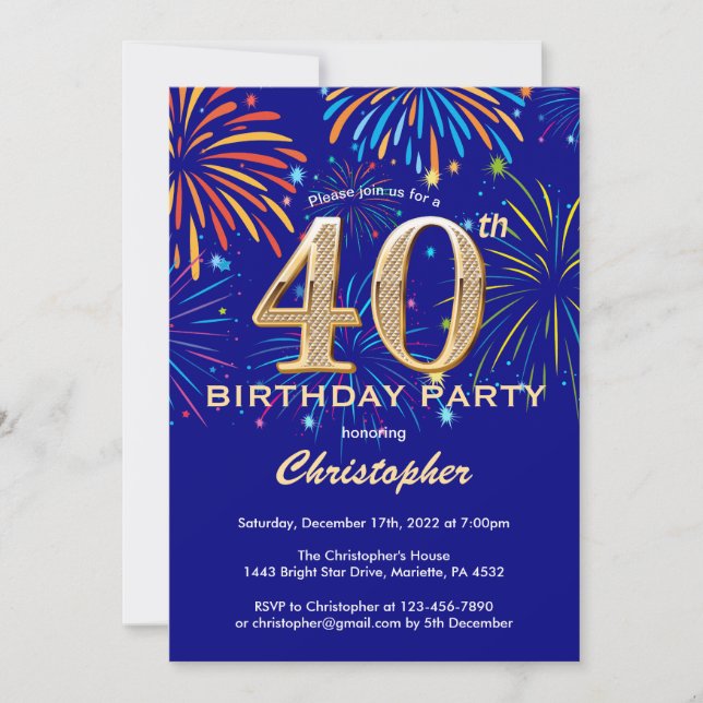 Invitación 40.º cumpleaños Fuegos artificiales de arcoiris az (Anverso)