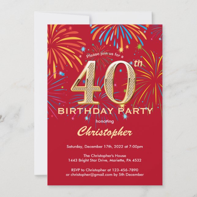 Invitación 40.º cumpleaños Fuegos artificiales de arcoiris ro (Anverso)