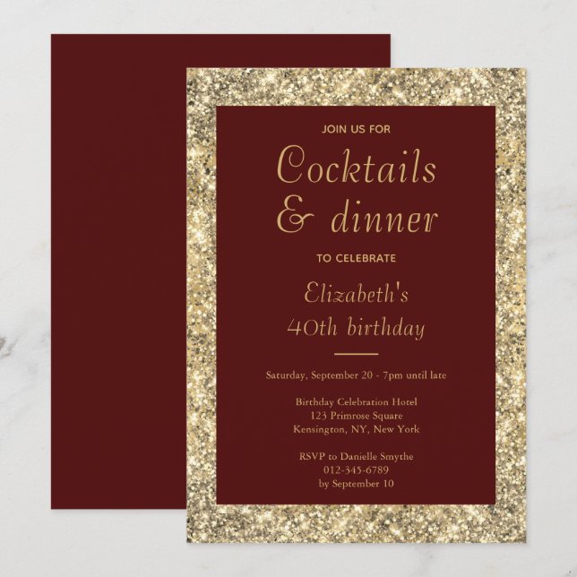 Invitación 40.º cumpleaños Glam Burgundy Gold (Anverso / Reverso)