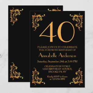 Invitación 40.º Cumpleaños Glam Modern Gold Black Vintage Ret