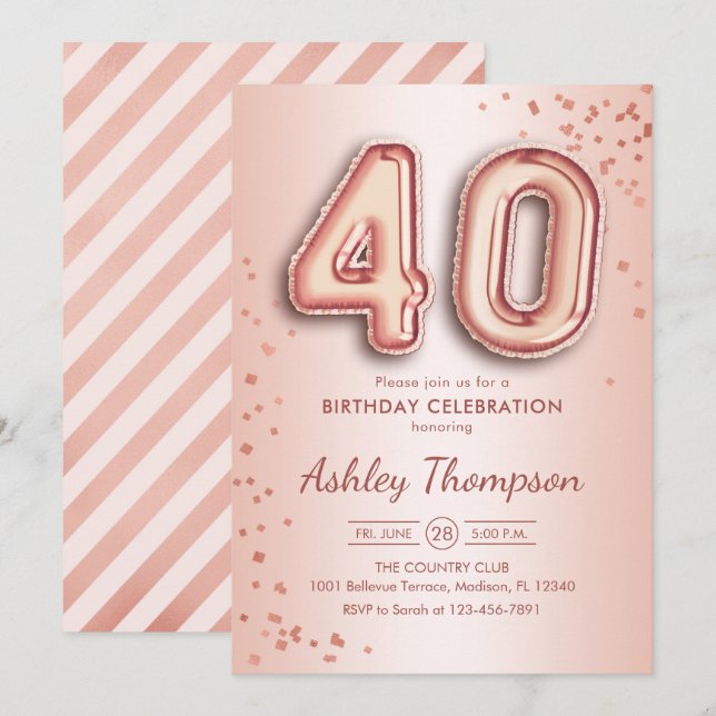 Invitación 40.º cumpleaños - Globos de oro Rosas (Anverso / Reverso)
