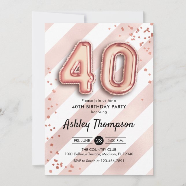 Invitación 40.º cumpleaños - Globos de oro Rosas de franjas (Anverso)