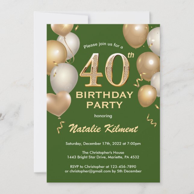 Invitación 40.º cumpleaños Globos de Purpurinas verdes y de o (Anverso)