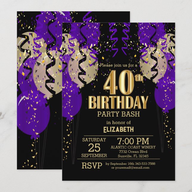 Invitación 40.º cumpleaños - Globos morados (Anverso / Reverso)