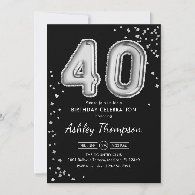 Invitación 40.º cumpleaños - Globos plateados Negro (Anverso)