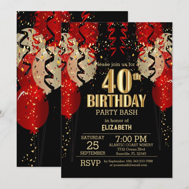 Invitación 40.º cumpleaños - Globos rojos (Anverso / Reverso)