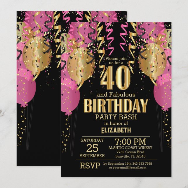 Invitación 40.º cumpleaños - Globos rosados (Anverso / Reverso)