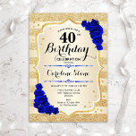 Invitación 40.º cumpleaños - Golpes de oro Rosas azules reale<br><div class="desc">40.ª Invitación de cumpleaños. Diseño elegante en oro y azul real. Presenta franjas de oro purpurina falsas,  letra de guión elegante para rosas de zafiro y confeti. Perfecto para una fiesta de cumpleaños glam.</div>