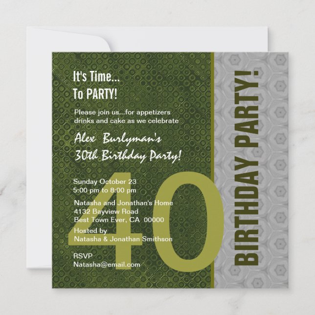 Invitación 40.º cumpleaños Green moderno y Silver S302 (Anverso)