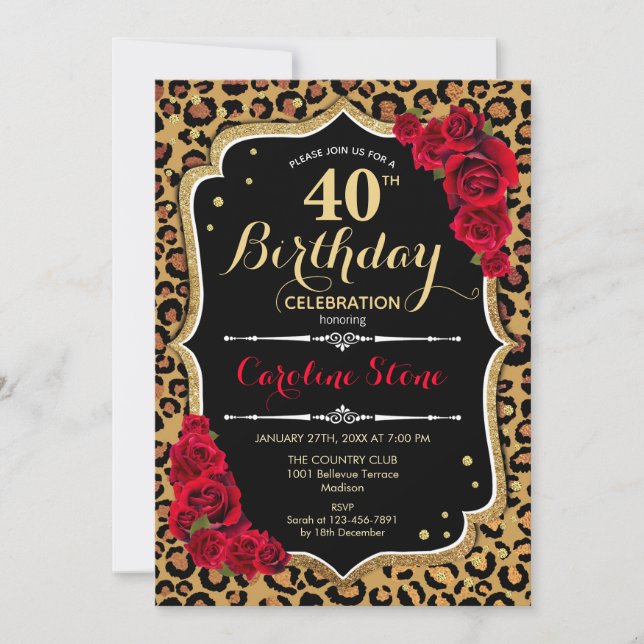 Invitación 40.º cumpleaños - Impresión de leopardo de las ros (Anverso)