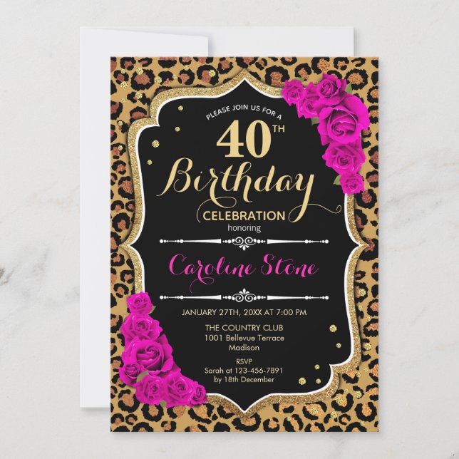 Invitación 40.º cumpleaños - Impresión de leopardo de rosas r (Anverso)