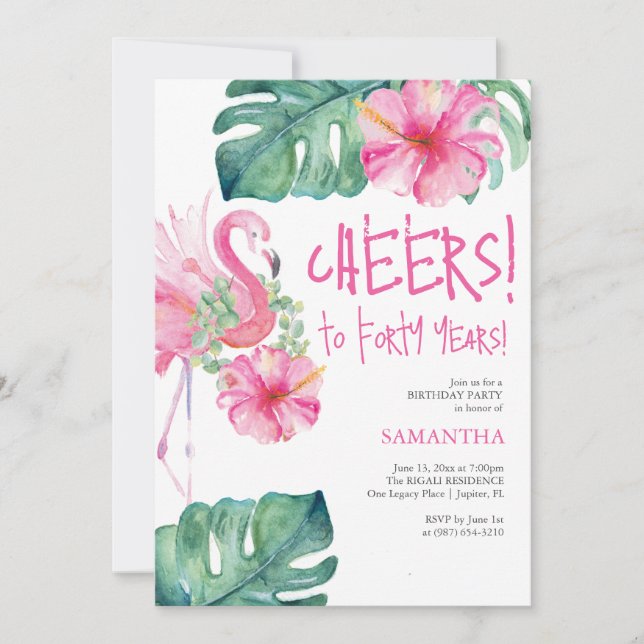 Invitación 40.º cumpleaños invita a acuarela Flamingo rosa (Anverso)
