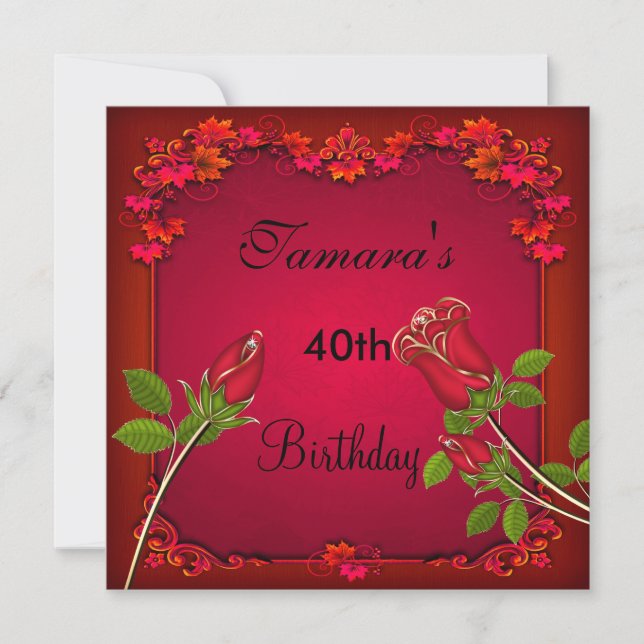 Invitación 40.º cumpleaños Invito elegante con flores rojas (Anverso)
