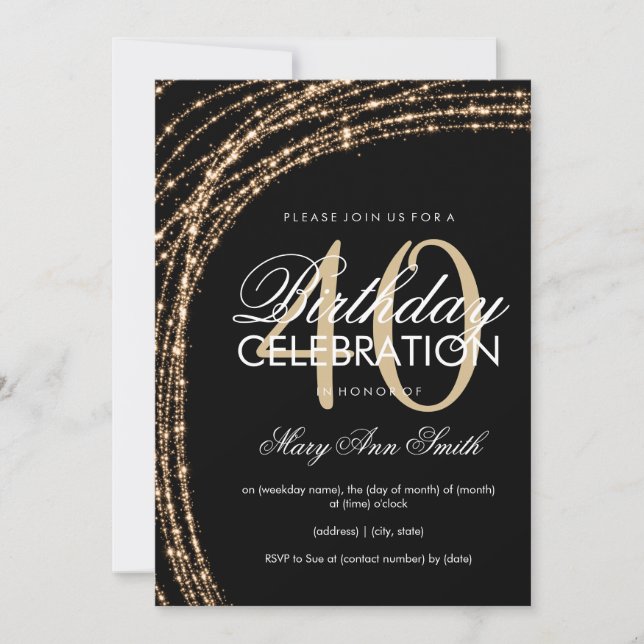 Invitación 40.º cumpleaños Luces de cuerdas esparkling de oro (Anverso)