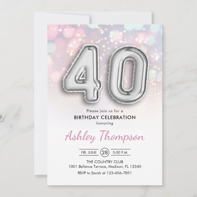 Invitación 40.º cumpleaños - Luces rosadas de globos plateado (Anverso)
