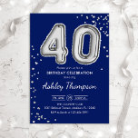 Invitación 40.º cumpleaños - Marina de los Globos Plateados<br><div class="desc">40.ª invitación a la fiesta de cumpleaños. Elegante diseño en falso purpurina plateado y azul marino. La tarjeta de invitación incluye el número de plata 30 globos y el tipo de letra del guión. Perfecto para una elegante celebración de cumpleaños. Mándame un mensaje si necesitas edad personalizado.</div>