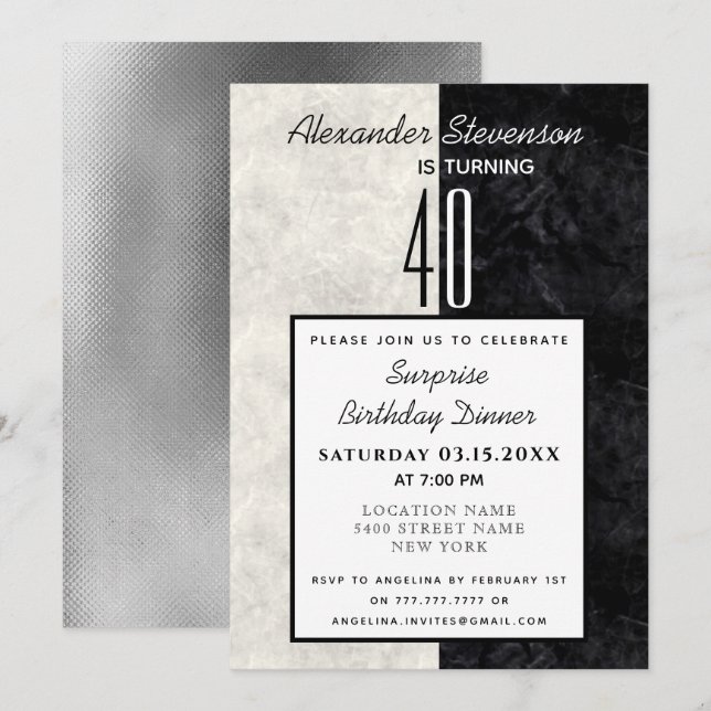 Invitación 40.º cumpleaños Mármol blanco y negro simple (Anverso / Reverso)