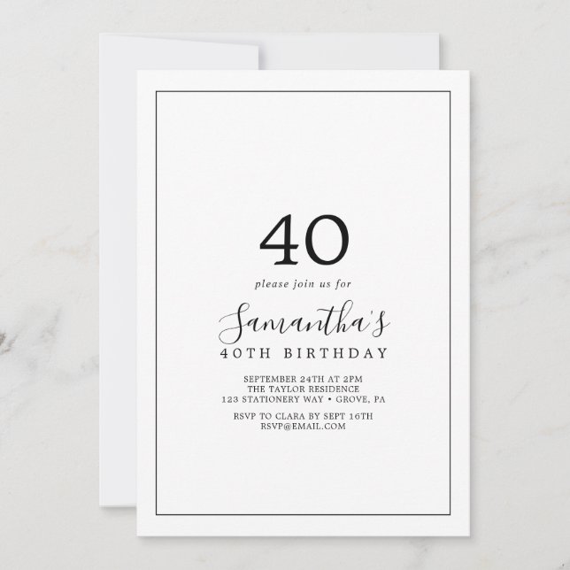 Invitación 40.º cumpleaños minimalista (Anverso)