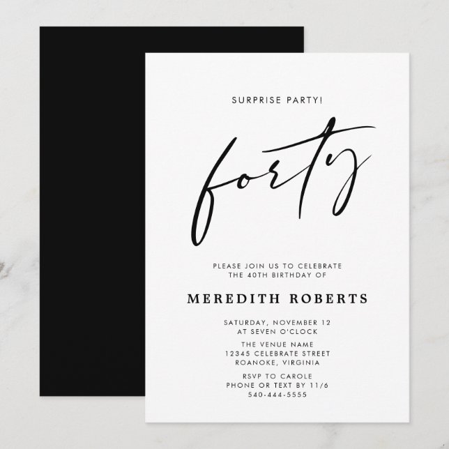 Invitación 40.º cumpleaños Moda Fiesta sorpresa guión moderno (Anverso / Reverso)