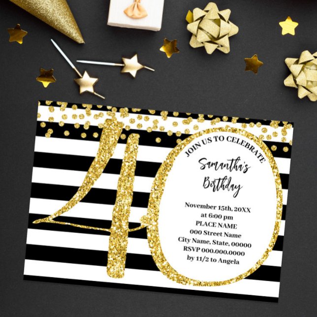 Invitación 40.º cumpleaños moderno de Purpurina de oro y blan (Subido por el creador)