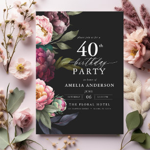 Invitación 40.º cumpleaños Moody Burgundy Rubor Floral