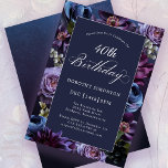 Invitación 40.º cumpleaños Moody Purple Flower Invitation<br><div class="desc">Las flores moradas moradas crean un borde exuberante en esta invitación a la fiesta de 40 años. El azul polvoriento y el blanco marfil se añaden a la pantalla floral. Un fondo oscuro aumenta el ánimo y hace que el texto blanco aparezca. La escritura caligráfica tradicional le da un ambiente...</div>