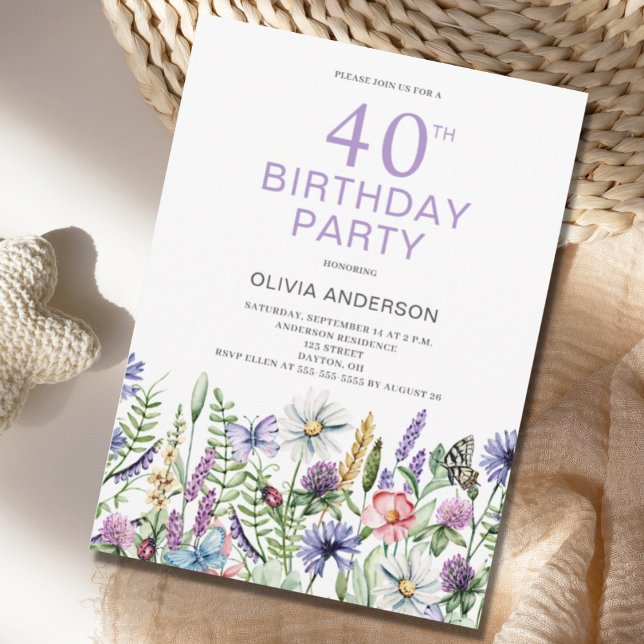 Invitación 40.º cumpleaños Morado Floral Botánico (Subido por el creador)