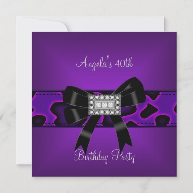 Invitación 40.º cumpleaños Morado Wild Black Bow Diamantes (Anverso)
