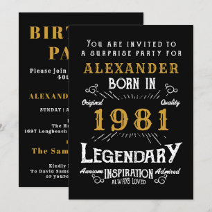 Invitación 40.º cumpleaños Nacido 1981 Black Gold Retro Vinta