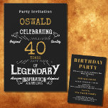Invitación 40.º cumpleaños Nacido legendario Black Gold Retro<br><div class="desc">Para los que celebran su 40 cumpleaños, tenemos la invitación ideal de fiesta de cumpleaños con un toque vintage. El fondo negro con un diseño de tipografía blanca y dorada es sencillo y elegante con un toque retro. Personalizar fácilmente el texto de este regalo de cumpleaños usando la plantilla proporcionada....</div>