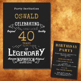 Invitación 40.º cumpleaños Nacido legendario Black Gold Retro