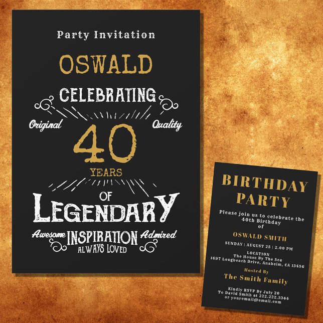 Invitación 40.º cumpleaños Nacido legendario Black Gold Retro (For those celebrating their 40th birthday we have the ideal birthday party invitation)