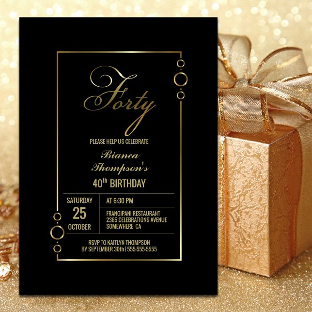 Invitación 40.º cumpleaños negro con Fiesta de marco dorado (Subido por el creador)