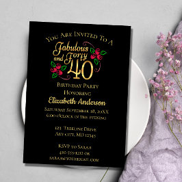 Invitación 40.º cumpleaños negro y oro con Rosas