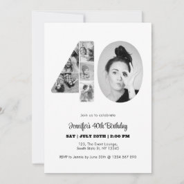 Invitación 40.º cumpleaños número 40 Collage de fotos blanco