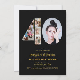 Invitación 40.º cumpleaños número 40 Collage de fotos negro m