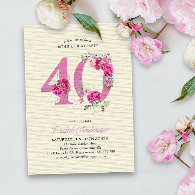 Invitación 40.º cumpleaños número de flores de peonía rosada  (40th Birthday Invitation with pink floral number 40 - elegant vintage design with roses and peonies)