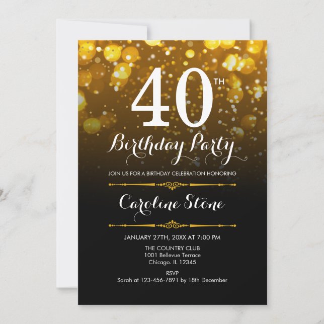 Invitación 40.º cumpleaños - Oro blanco negro (Anverso)