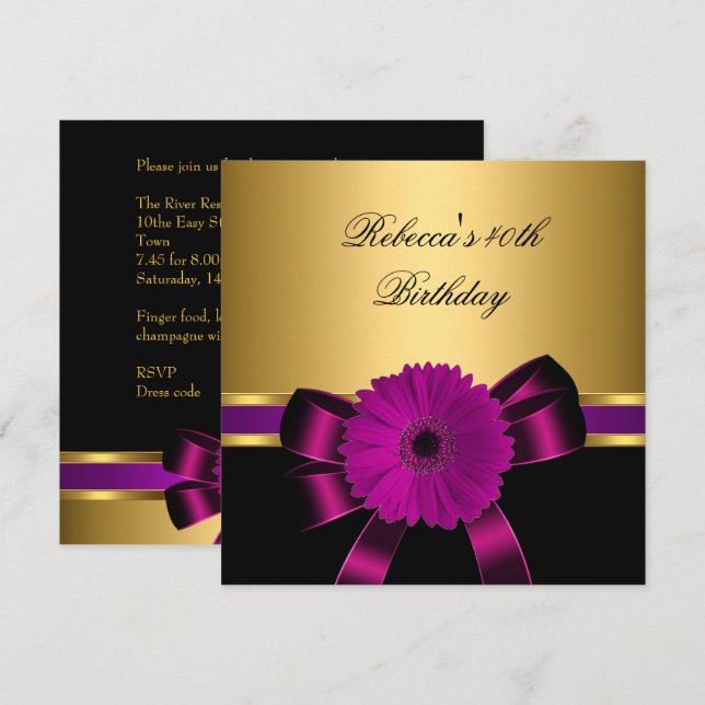Invitación 40.º cumpleaños Oro de Flor Púrpura Rosa de Pluma  (Anverso / Reverso)