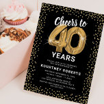 Invitación 40.º cumpleaños Oro Negro<br><div class="desc">Elegante invitación para fiestas de 40 años con un elegante fondo negro que se puede cambiar a cualquier color,  purpurina brillante de oro,  cuarenta globos de hellio de oro y una moderna plantilla de texto de celebración de 40 años que es fácil de personalizar.</div>