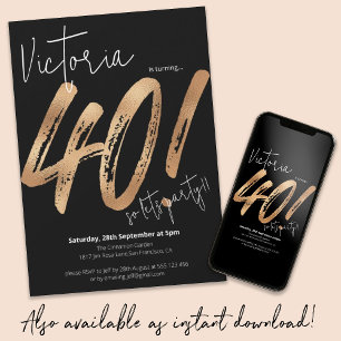 Invitación 40.º cumpleaños Oro Negro Sassy Minimalista modern