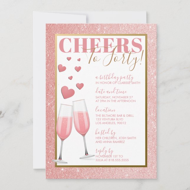 INVITACIÓN 40.º CUMPLEAÑOS | PINK CHAMPAGNE (Anverso)