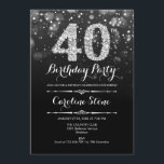 Invitación 40.º cumpleaños - Plata negra<br><div class="desc">40.ª Invitación de cumpleaños. Elegante diseño blanco negro con una falsa plata purpurina. Cumpleaños de adultos. Incluye diamantes y tipos de letra de script. Invitación de cumpleaños de hombres o mujeres. Perfecto para una elegante fiesta de cumpleaños. Mándame un mensaje si necesitas más personalización.</div>