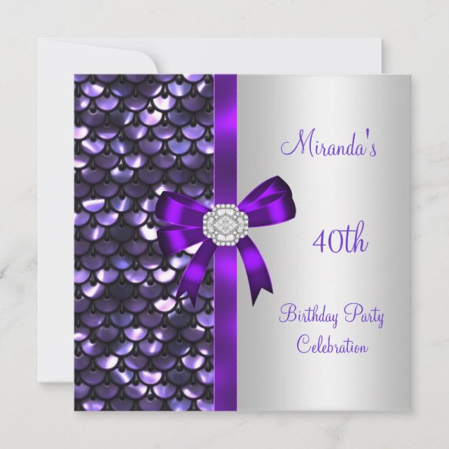 Invitación 40.º cumpleaños plateado secuela morado de diamant (Anverso)