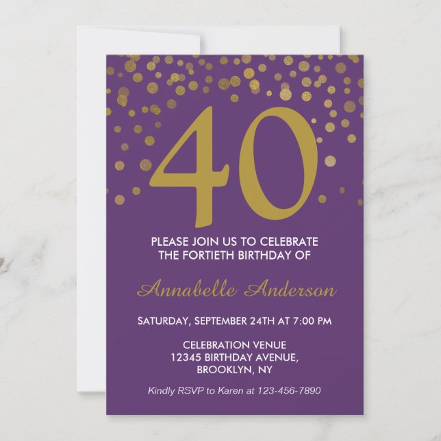 Invitación 40.º cumpleaños Purple Gold Modern Confetti Dots (Anverso)